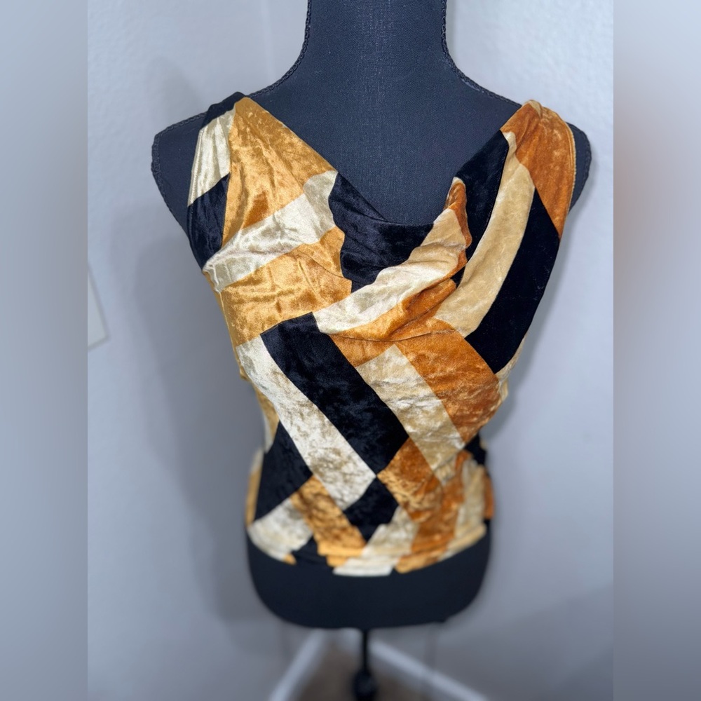 Geometric Velvet Sleeveless Top Cowl Neck Gold Black Cream | Chic Y2K Glam- S